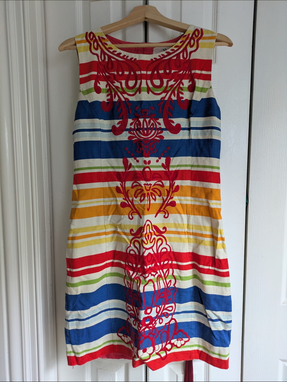Tabitha sleeveless striped mini dress with red embroidery